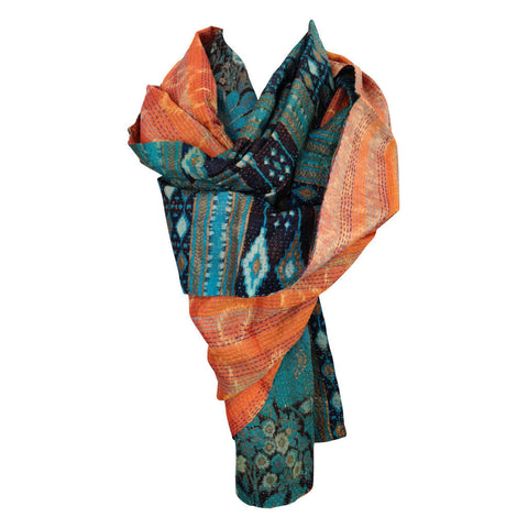 Orange and Marine Kantha Scarf - India